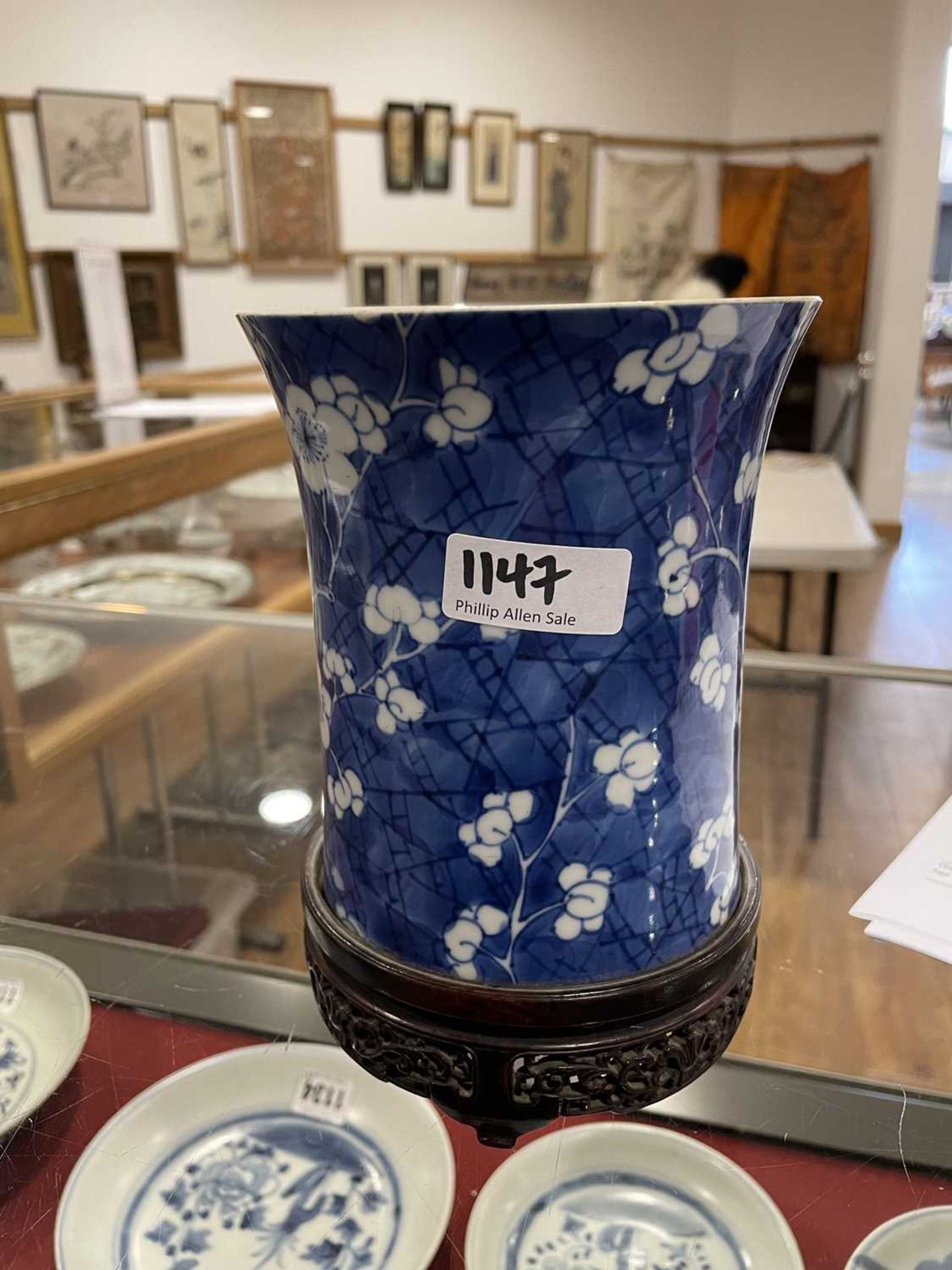 A Chinese blue and white blossom pattern brush pot of cylindrical form on a fixed hardwood base, - Image 49 of 54