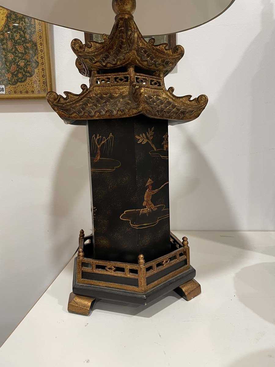 A pair of late 20th century chinoiserie table lamps, the black shades with gilded relief detail over - Image 4 of 17