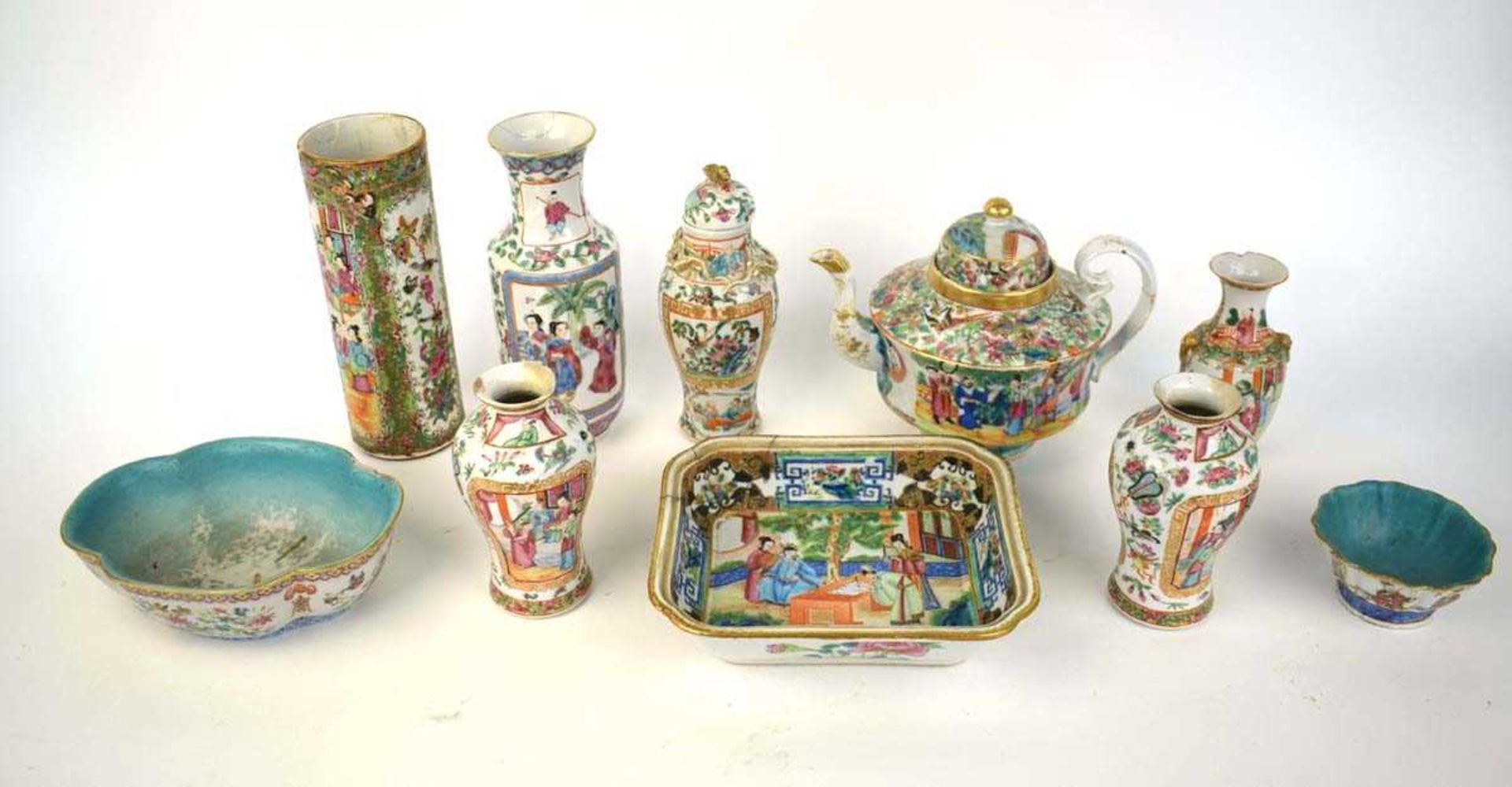 A Cantonese teapot and cover of squat form, typically decorated in coloured enamels with traditional - Image 2 of 70