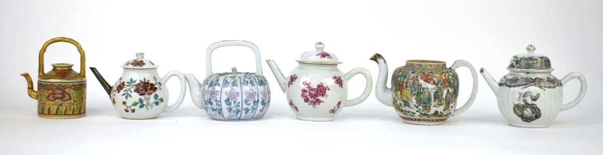 Six Chinese and other teapots, mostly of globular form and decorated in various manners, max h. 14.5