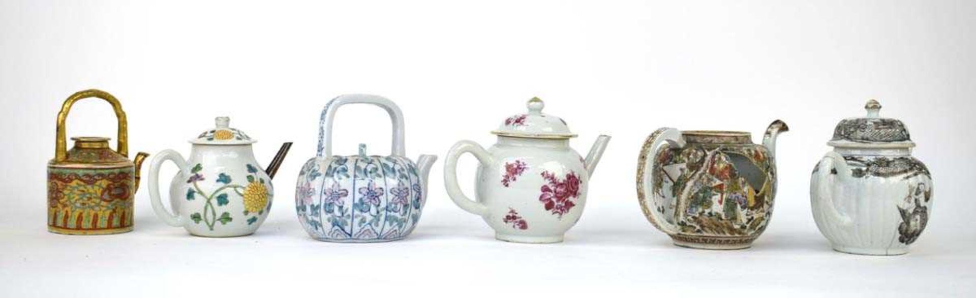 Six Chinese and other teapots, mostly of globular form and decorated in various manners, max h. 14.5 - Image 2 of 3