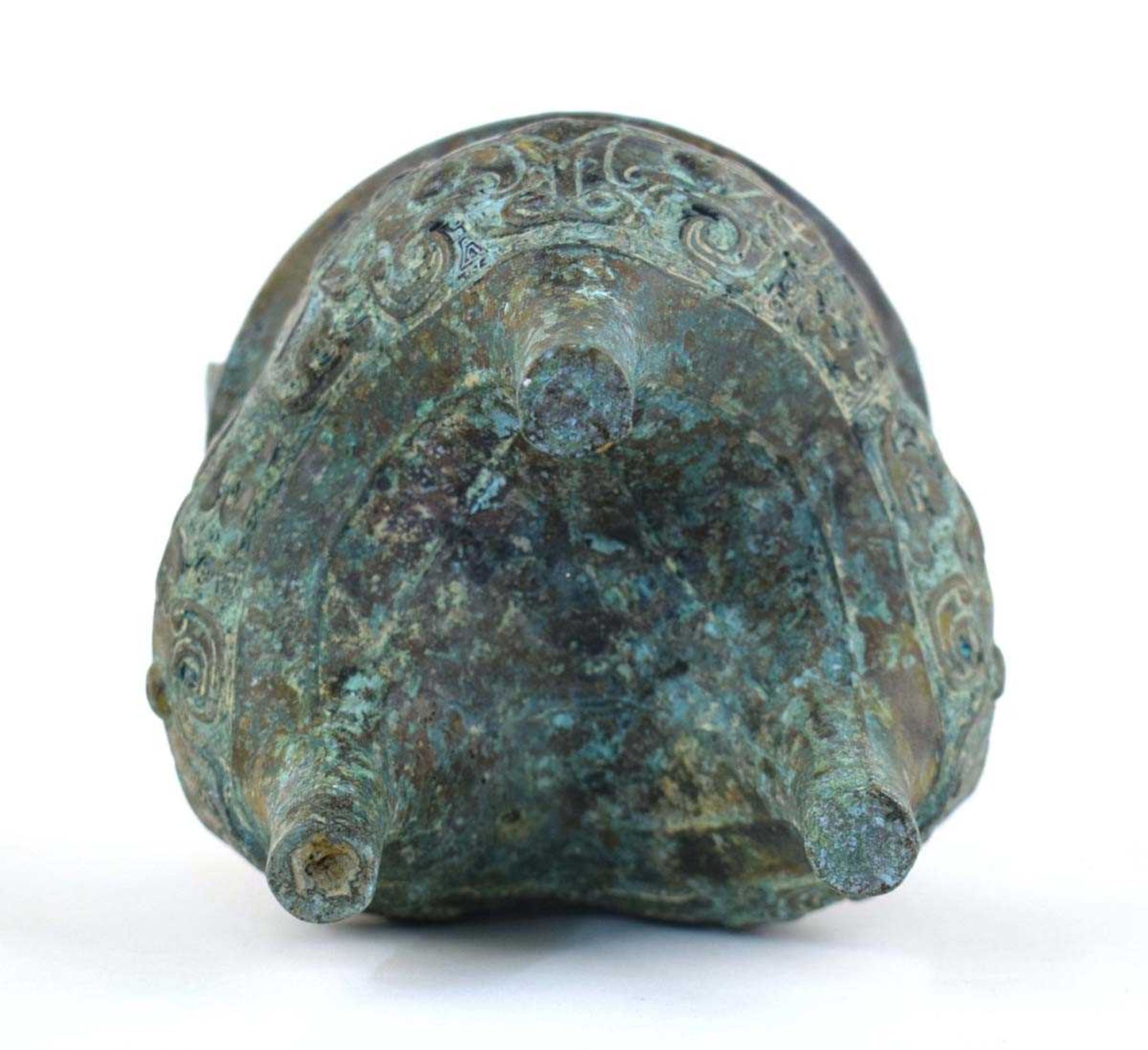 A Chinese green patinated bronze incense burner of archaic form, the triform base decorated with - Image 4 of 29