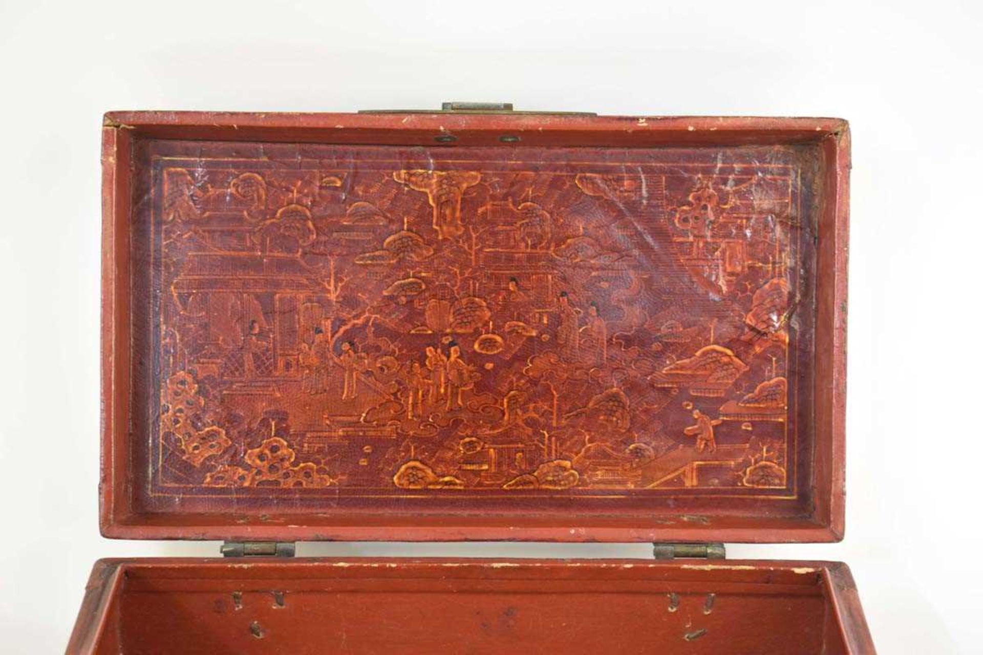 A Chinese lacquered box of rectangular form, gilt decorated with figures within an extensive - Image 5 of 5