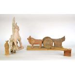 A Chinese pottery tomb figure modelled as an ox and cart, possibly Tang, w. 15.5 cm, together with