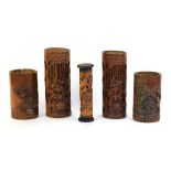 Two pairs of Chinese carved bamboo brush pots, max h. 28.5 cm, together with a carved bamboo
