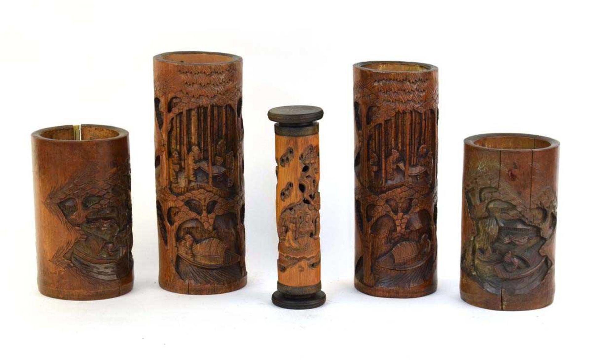 Two pairs of Chinese carved bamboo brush pots, max h. 28.5 cm, together with a carved bamboo