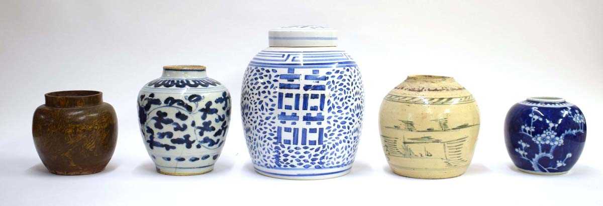 Thirteen Chinese ginger jars of typical form including a provincial example, h. 15 cm, blue and