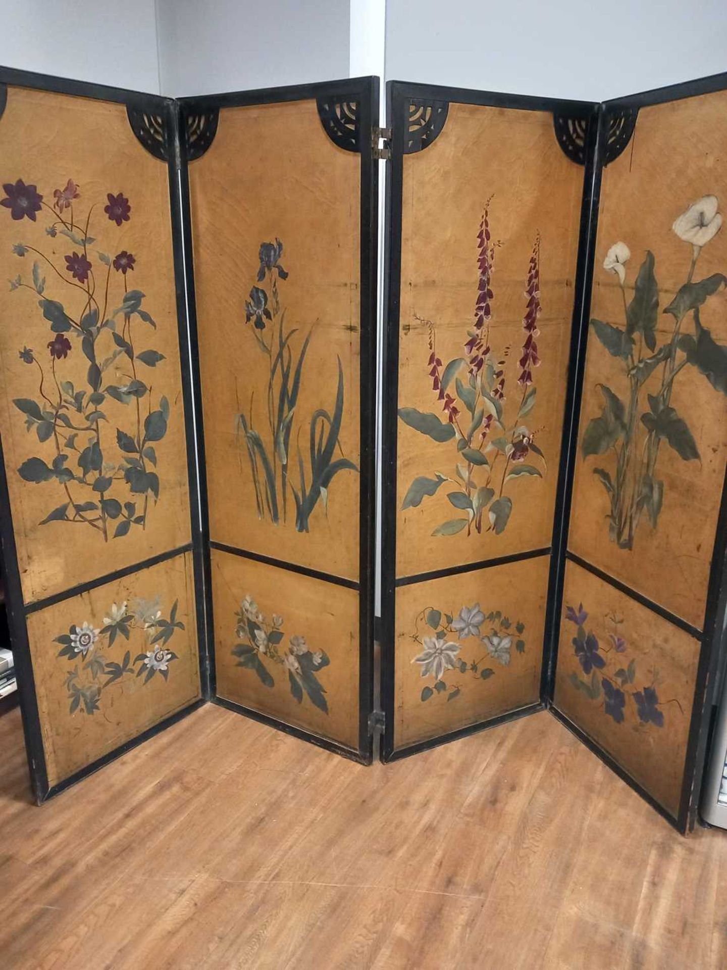 A Japanese four section screen, each panel gilt decorated with floral sprays within a black - Image 12 of 21