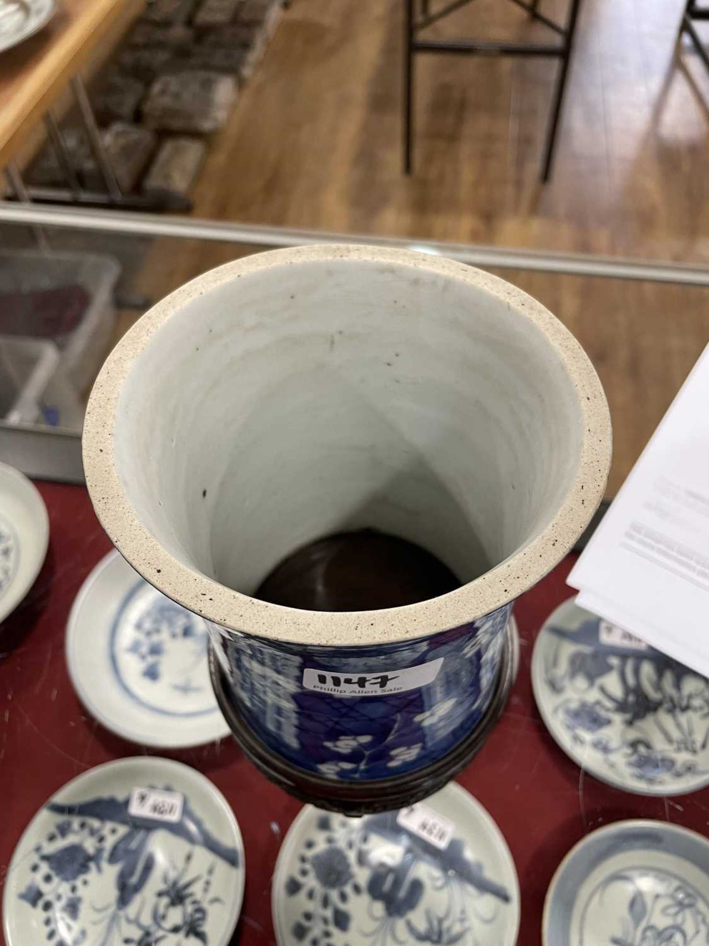 A Chinese blue and white blossom pattern brush pot of cylindrical form on a fixed hardwood base, - Image 51 of 54