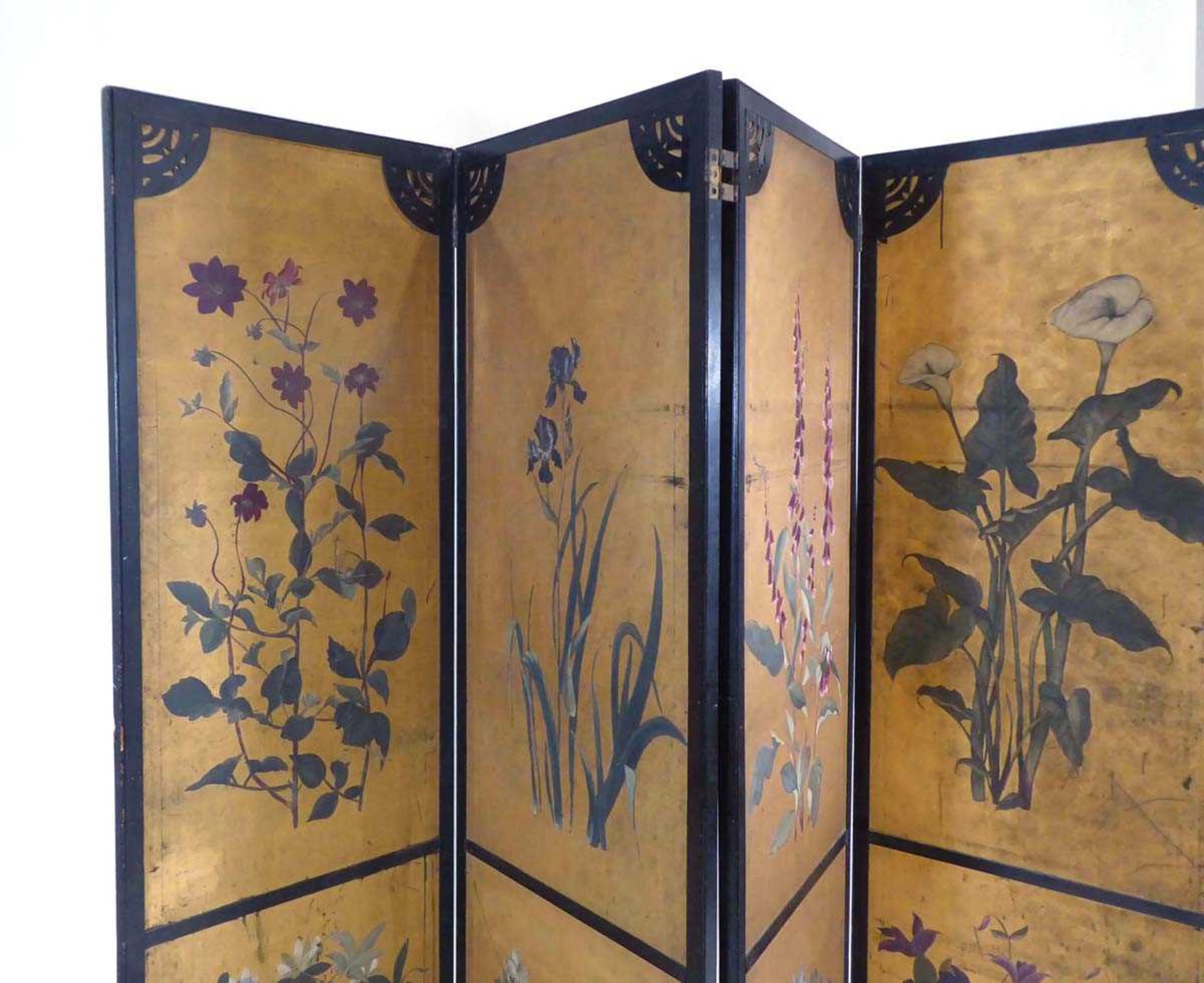 A Japanese four section screen, each panel gilt decorated with floral sprays within a black - Image 2 of 21