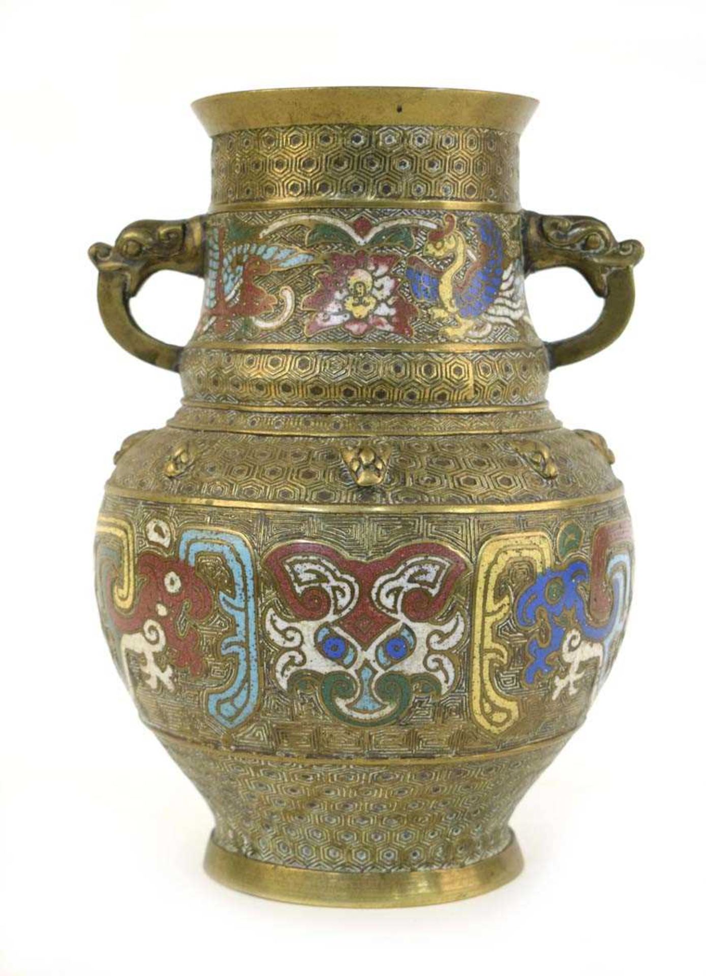 A 19th century Chinese champlevé enamelled vase, the pair of handles above a body decorated with