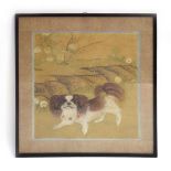 A Chinese painting of a Pekingese dog within a landscape in full bloom, 30.5 x 28 cm *from the