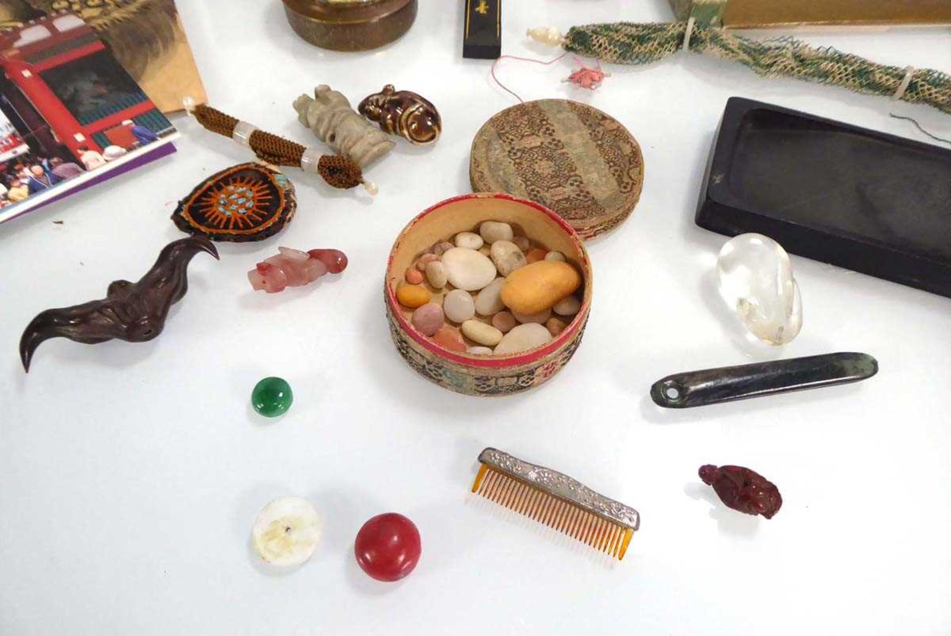 A group of Oriental collectables including a carved walnut, a sakura bark lined jar, inkstones, a - Image 2 of 11