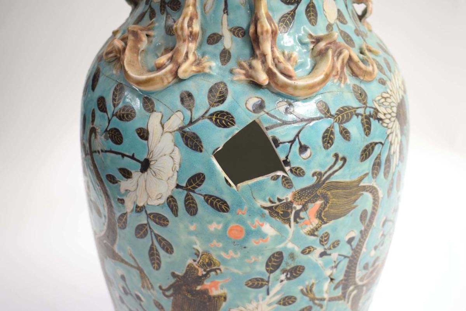 A Chinese baluster vase decorated with dragons and blossoming branches on a pale blue ground, h. - Image 11 of 32