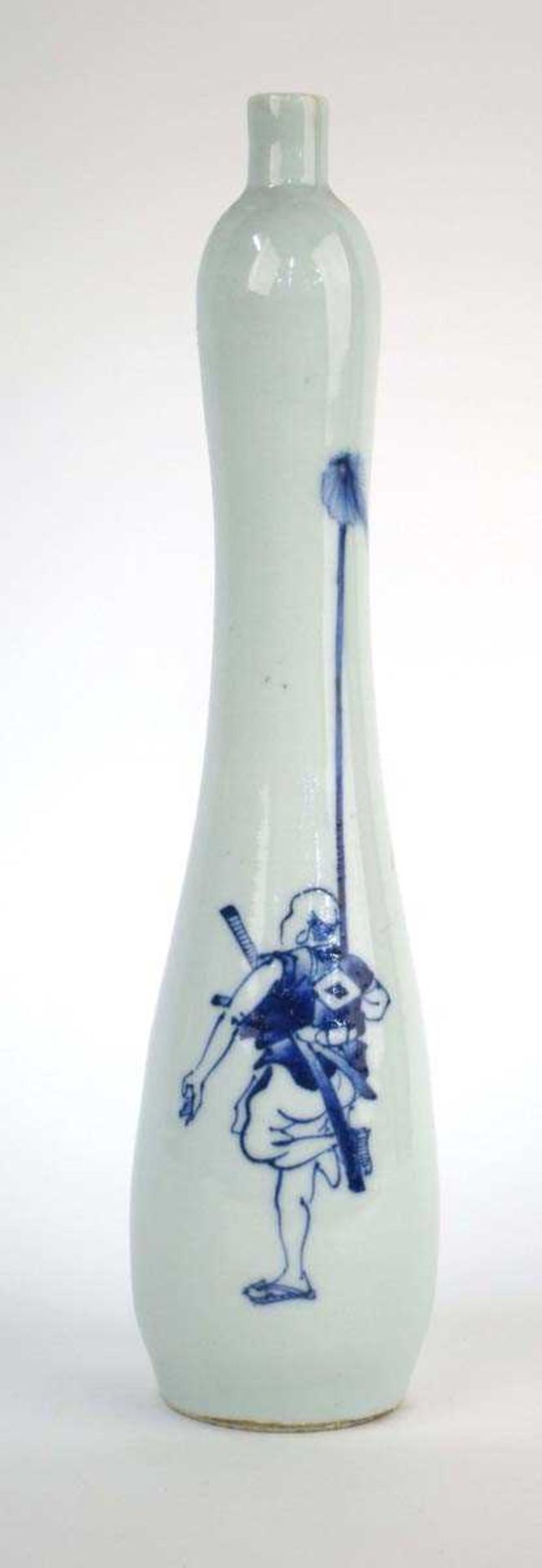 A Chinese blue and white vase of slender gourd shaped form, decorated with a sweep and verse, h.