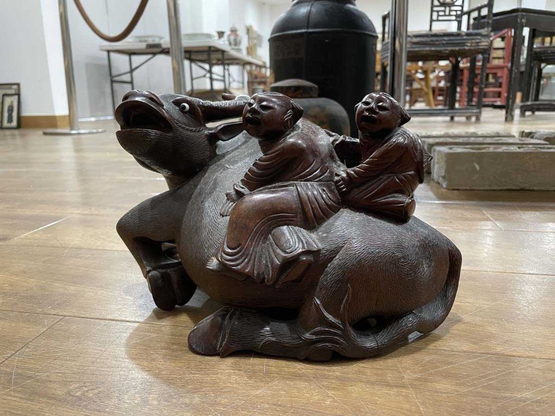A Chinese carved hardwood figure modelled as a water buffalo and its riders, h. 17.5 cm, together - Image 7 of 27