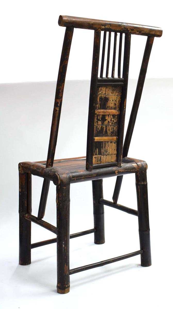 A Japanese lacquered bamboo side chair decorated with foliate motifs, w. 44 cm, h. 104 cm, d. 38 - Image 4 of 4