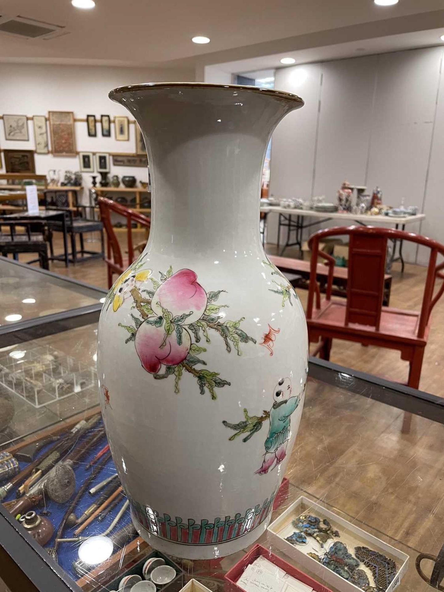 A Chinese baluster vase decorated with dragons and blossoming branches on a pale blue ground, h. - Image 13 of 32