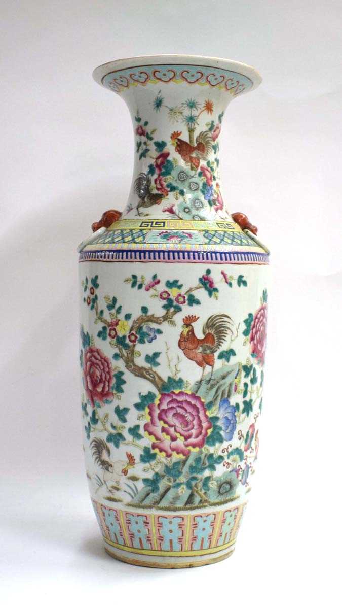 A Cantonese vase of shouldered form decorated in coloured enamels with cockerels and hens within a