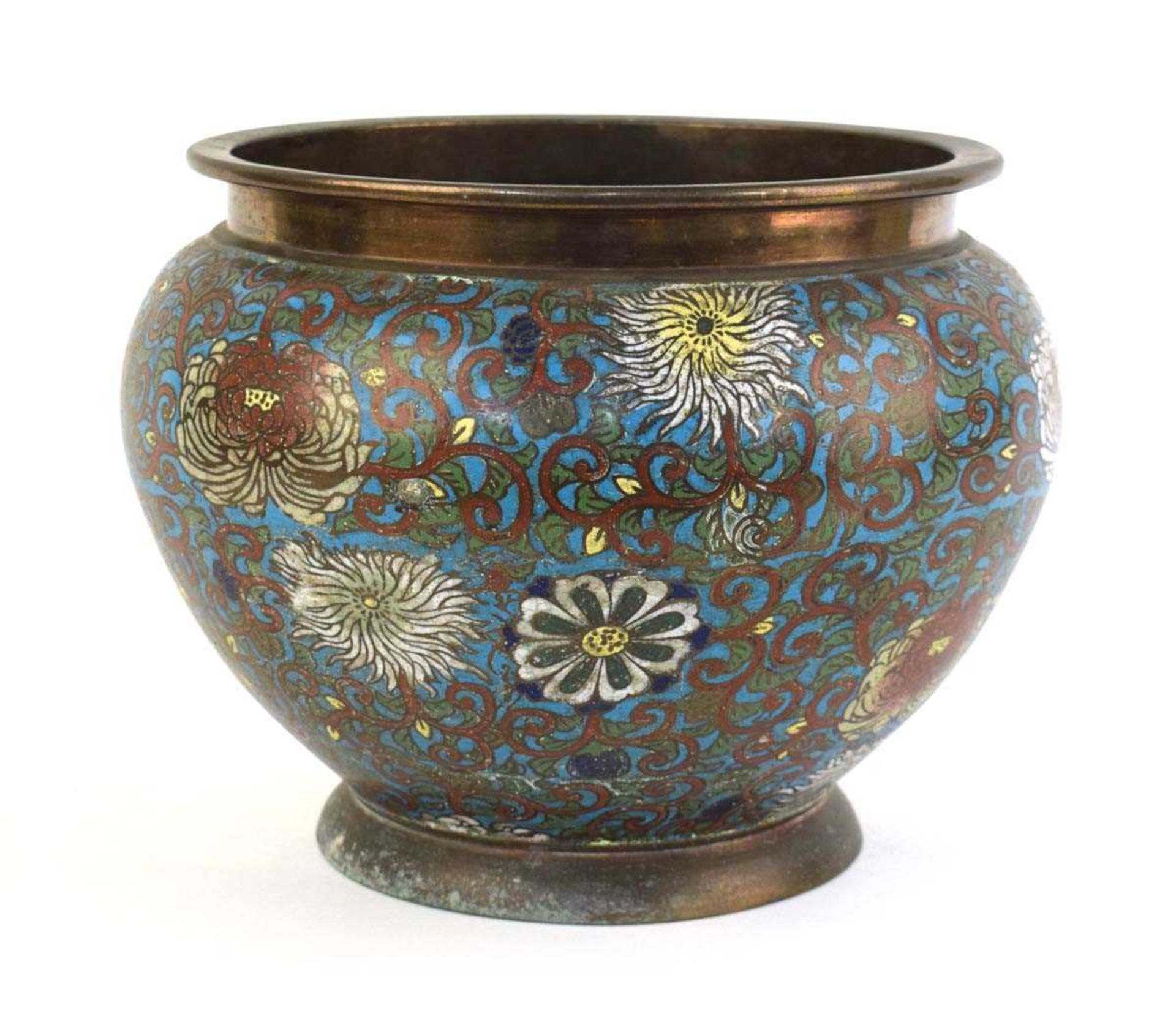 A 19th century Chinese cloisonné enamel jardinière of squat baluster form decorated with