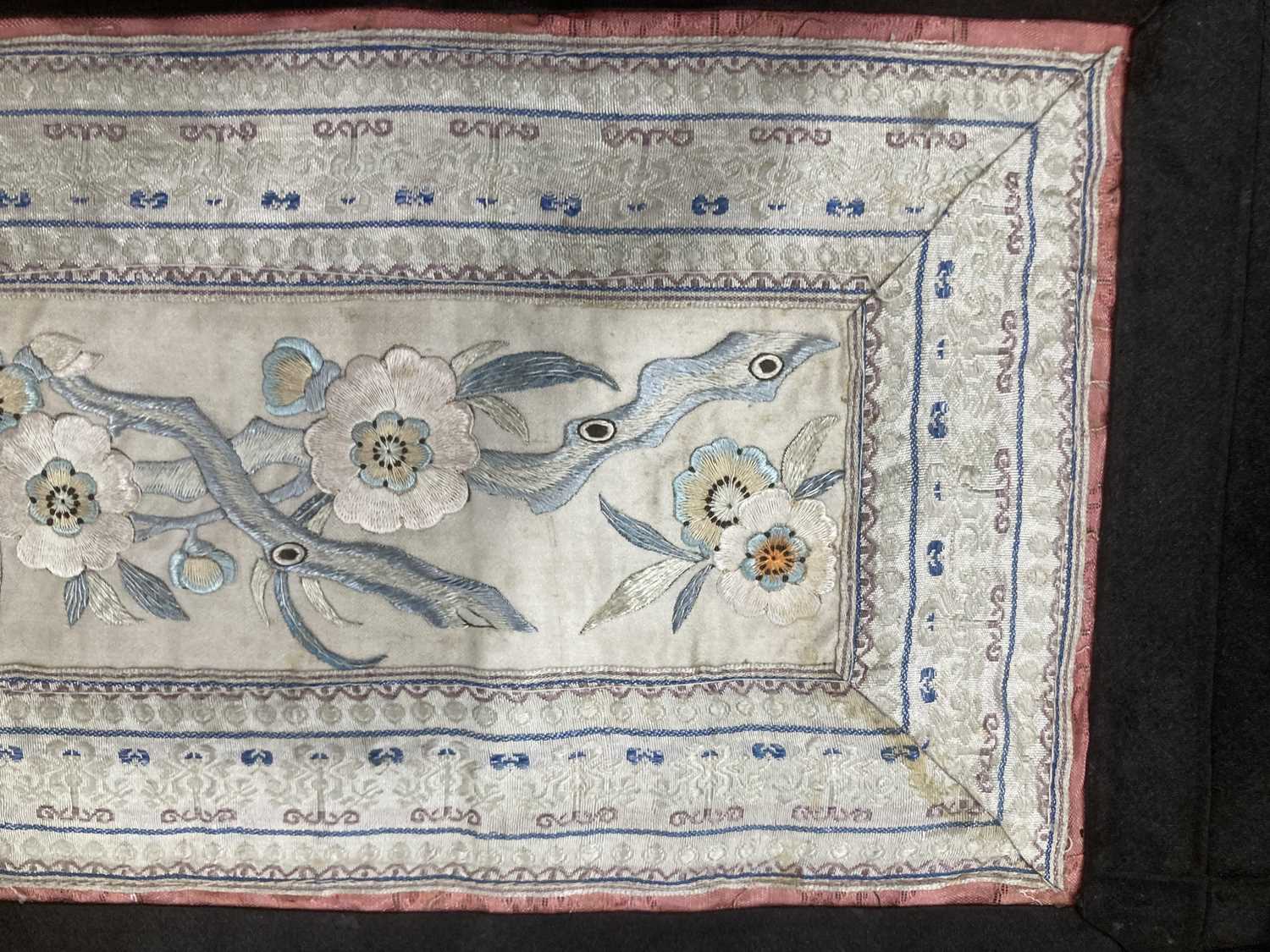 A Chinese silk panel embroidered with blossoms and butterflies, 94 x 34 cm, a machine made panel - Image 23 of 38