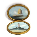 A pair of Chinese gouache paintings, depicting a paddle boat and a pagoda, 13.5 x 18 cm, oval (2) *