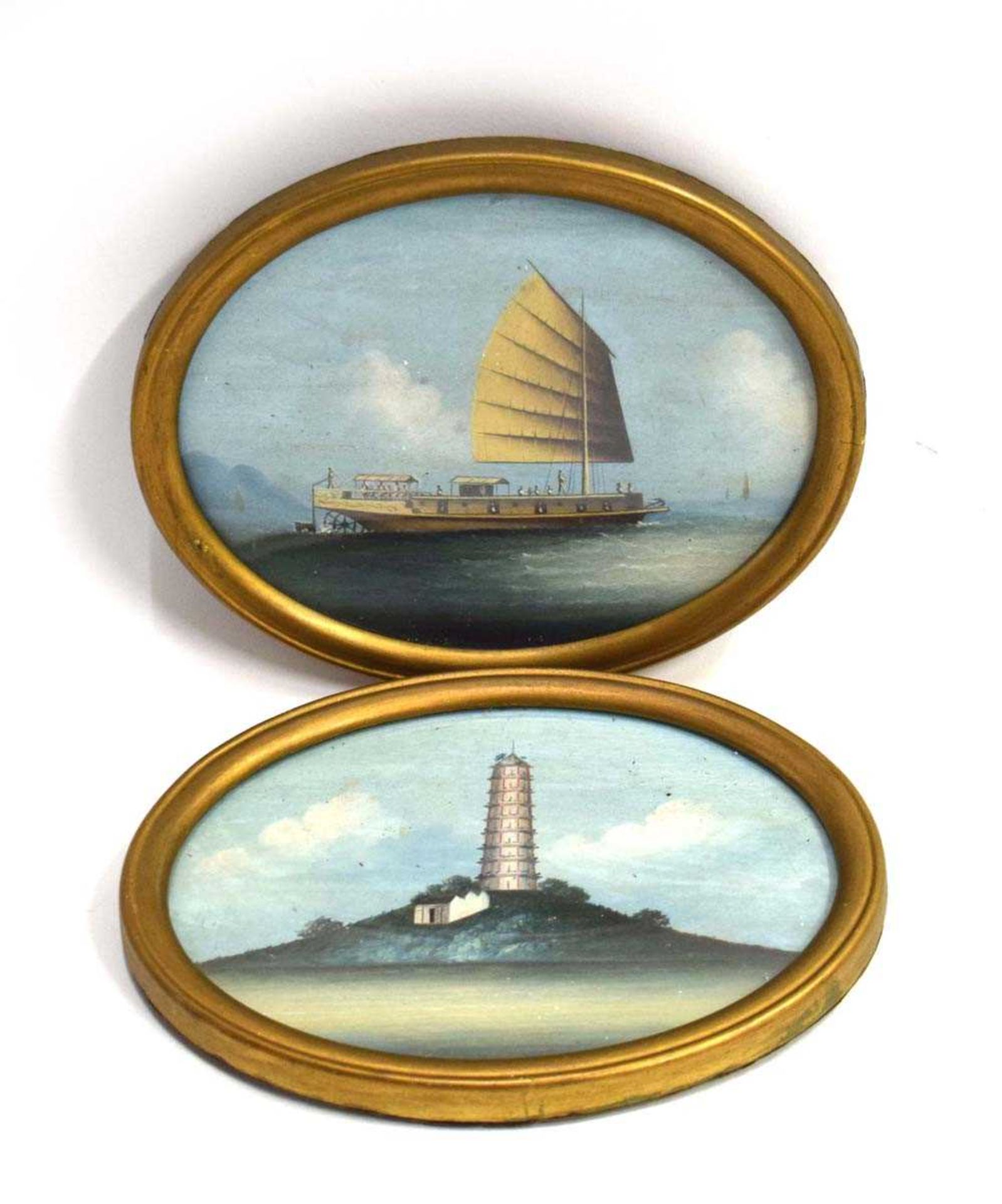 A pair of Chinese gouache paintings, depicting a paddle boat and a pagoda, 13.5 x 18 cm, oval (2) *