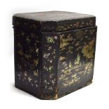 A Chinese Export table top work box, relief decorated with a mountainous landscape, w. 54 cm,