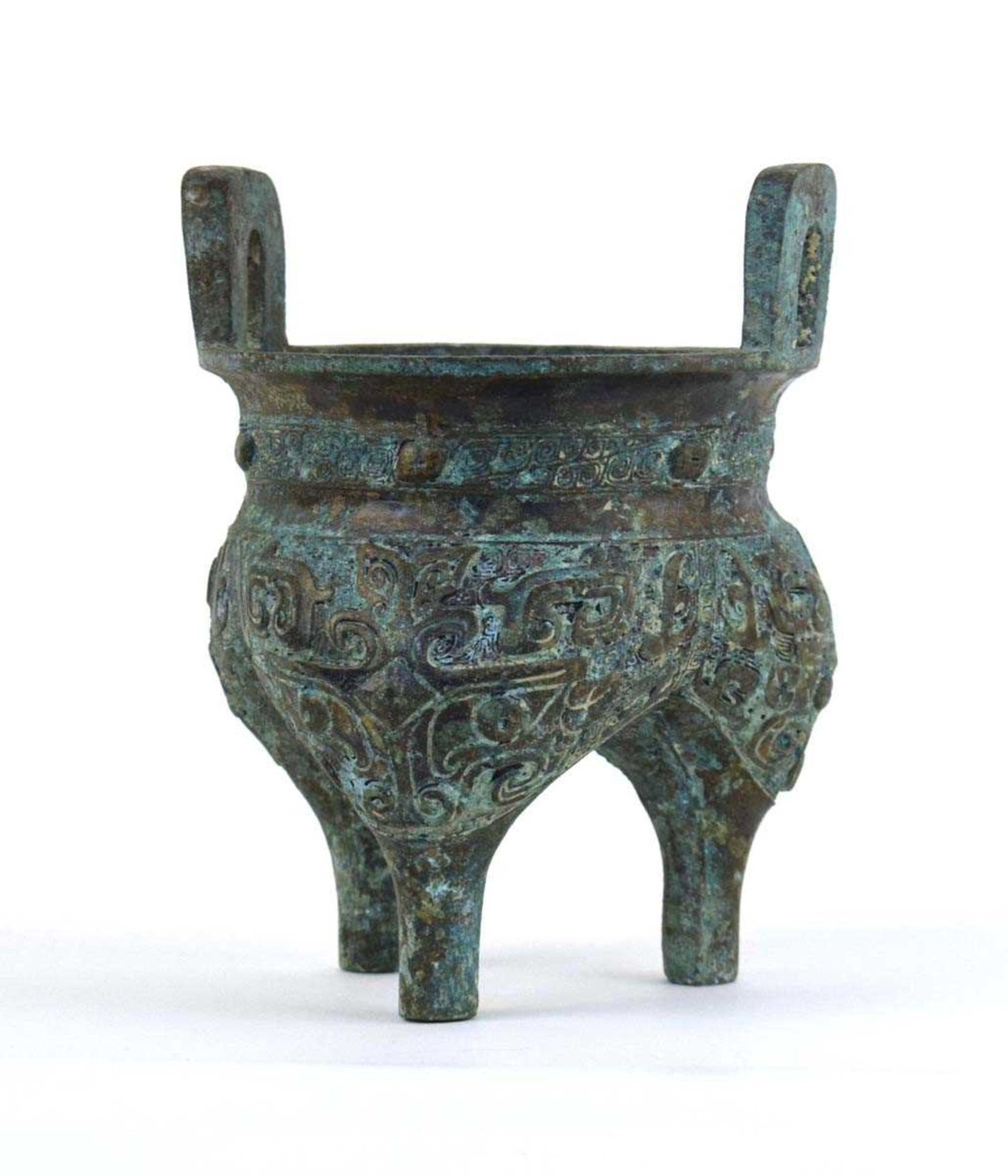 A Chinese green patinated bronze incense burner of archaic form, the triform base decorated with - Image 3 of 29