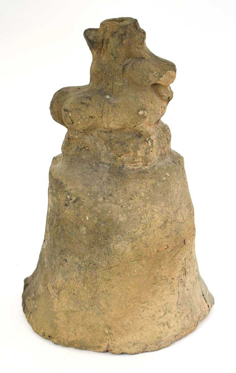 A Chinese archaic pottery bell shaped ornament modelled as a horse and rider, h. 42 cm *from the - Image 2 of 4