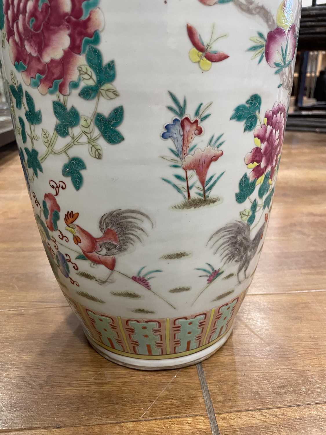A Cantonese vase of shouldered form decorated in coloured enamels with cockerels and hens within a - Image 17 of 23