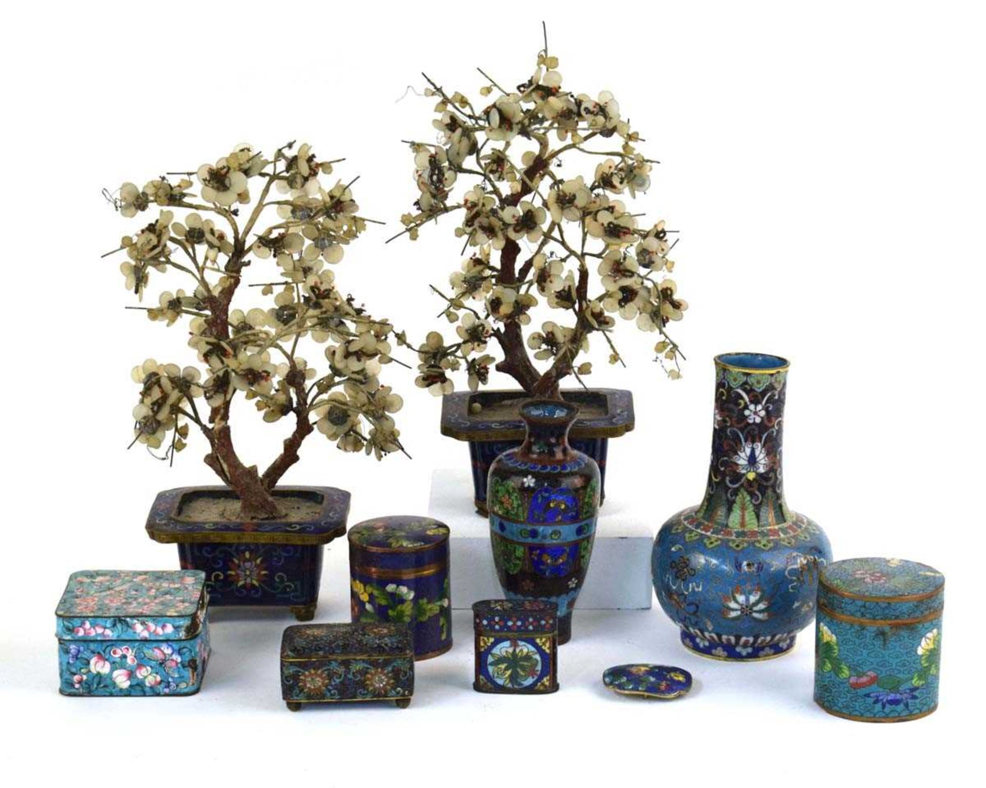 A pair of 19th century Chinese cloisonné enamelled vases, each containing a faux bonsai tree, h.