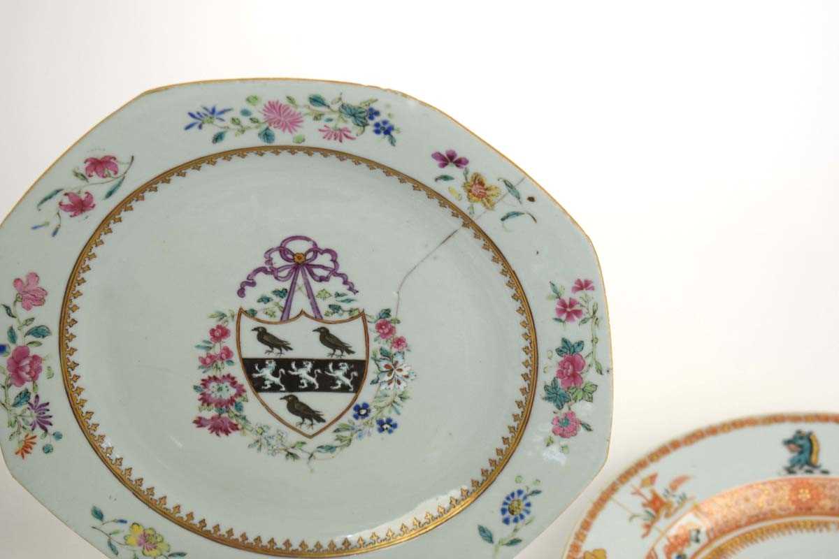 A Chinese Export armorial dish, decorated in coloured enamels with traditional figures and the (?) - Image 3 of 41