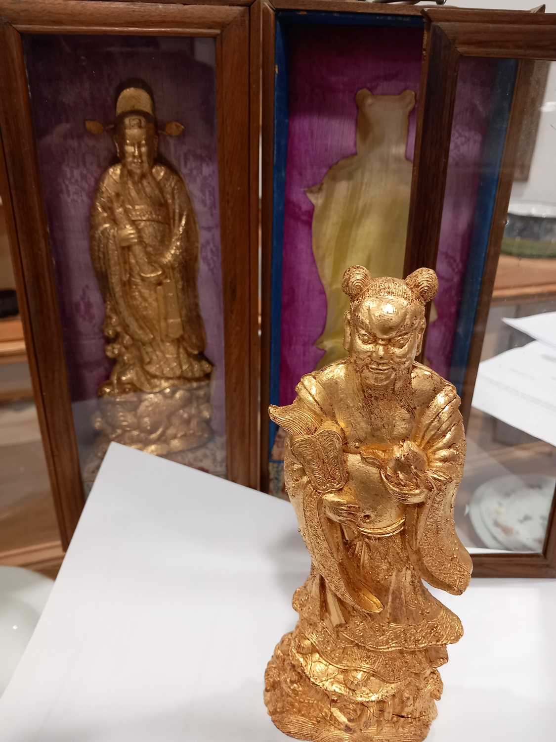 A pair of Chinese gilt decorated cast metal figures, each modelled as a scholar and contained in a - Image 10 of 11