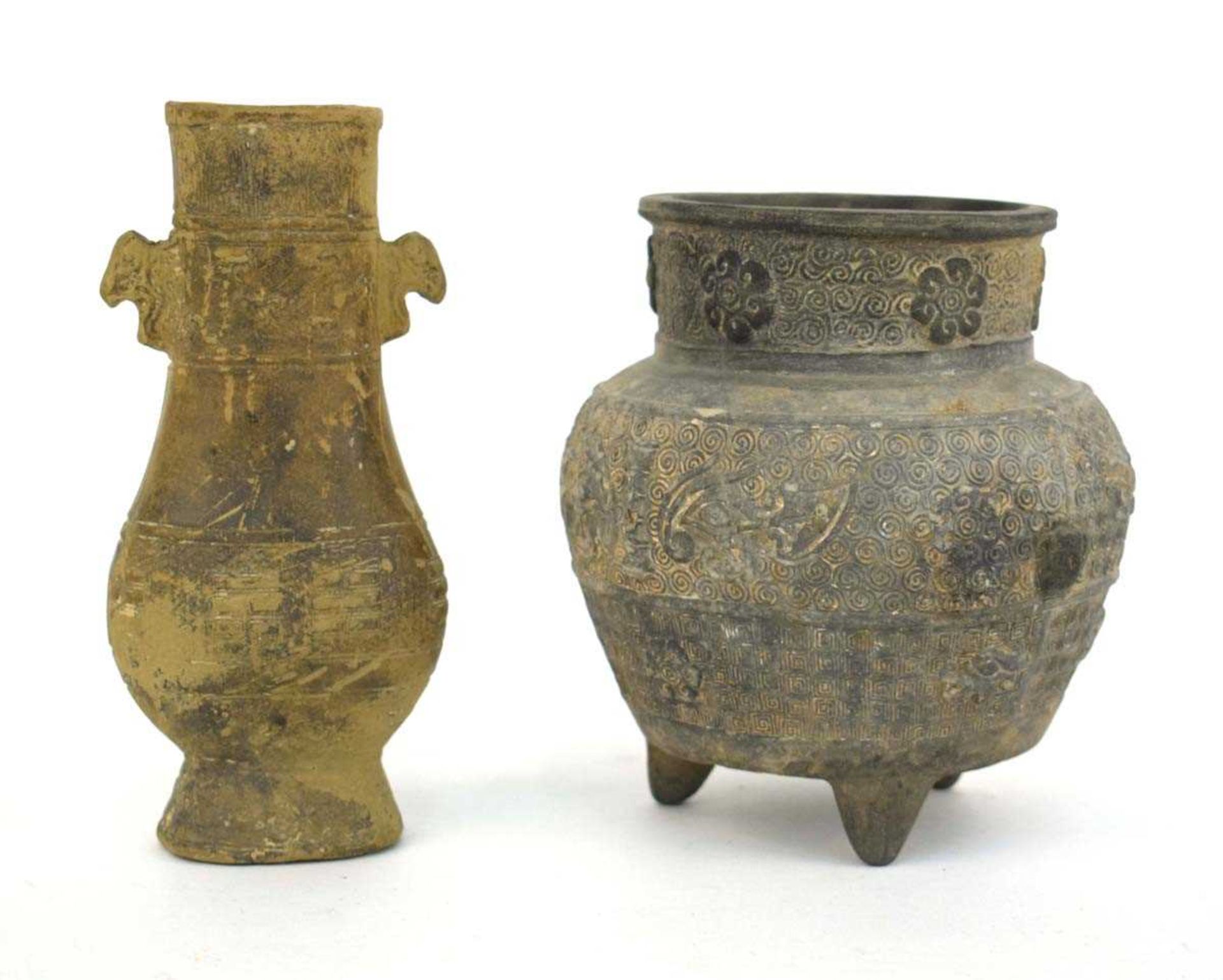 A Chinese archaic pottery arrow vase of typical form, h. 16 cm and a globular vase, relief decorated