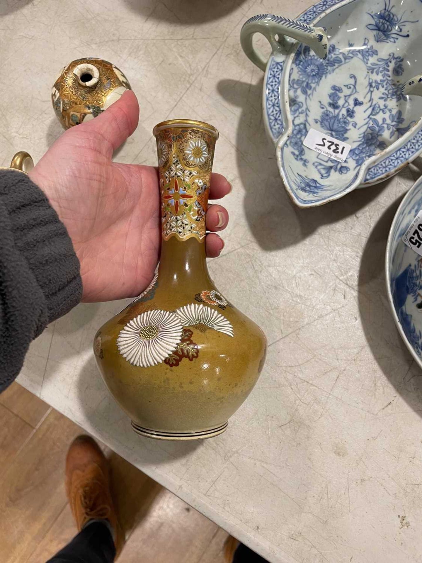 A Japanese satsuma bowl of flowerhead form, centrally decorated with peacocks within a landscape, - Image 16 of 41