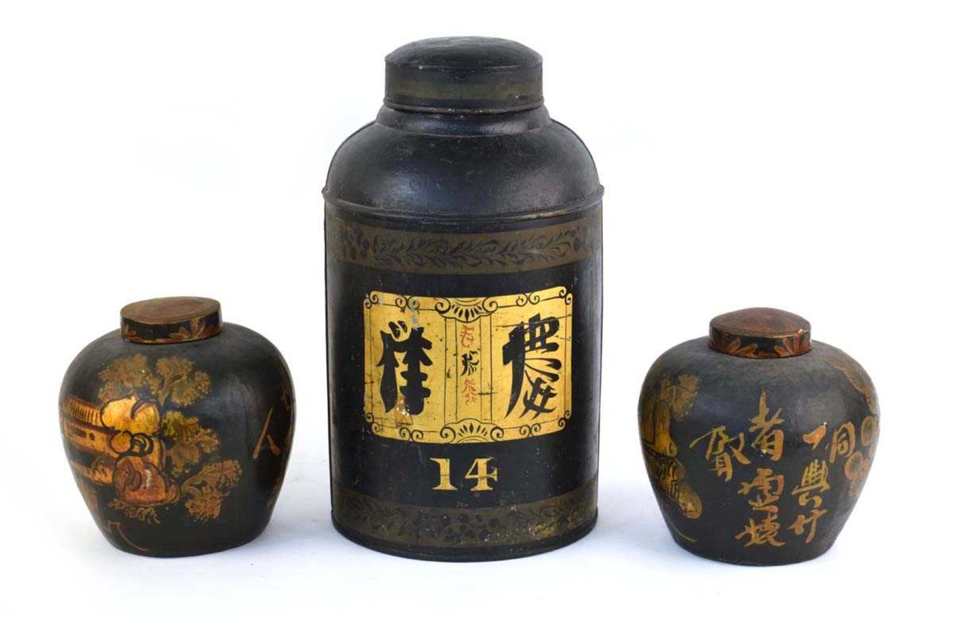 A 19th century Chavney & Co. 'japanned' tea canister of typical form, h. 43 cm, together with a pair