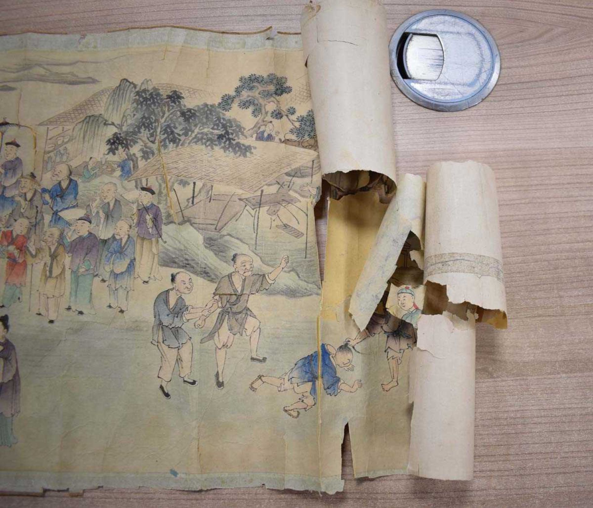 A Chinese scroll decorated with an extensive landscape, approx. 240 x 31cm, together with gilt - Image 7 of 15