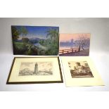 A Japanese watercolour depicting a pagoda view, signed Y Matsumoto, 25 x 33 cm, together with an