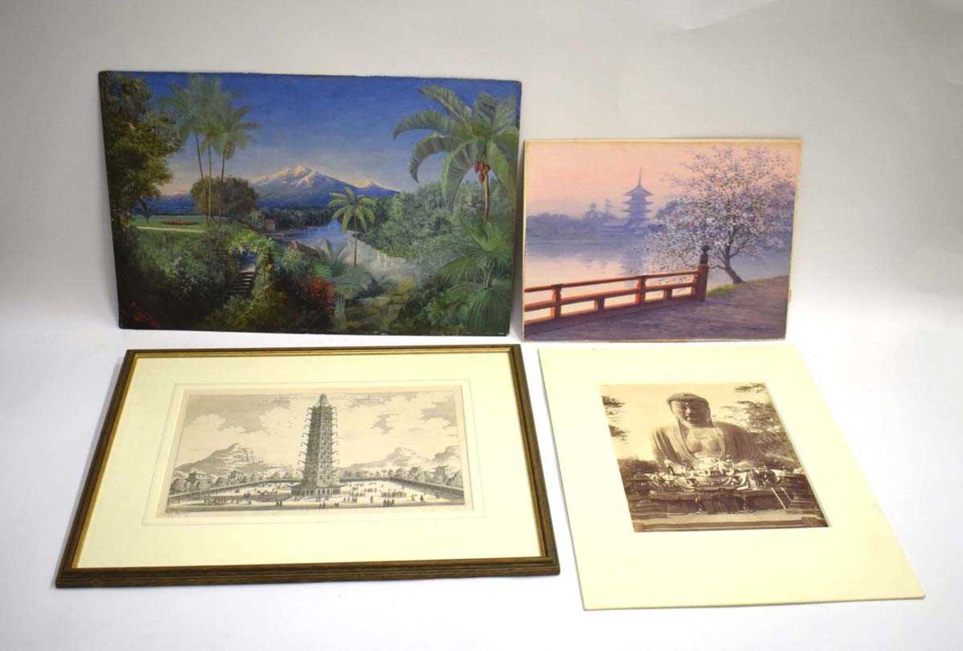 A Japanese watercolour depicting a pagoda view, signed Y Matsumoto, 25 x 33 cm, together with an