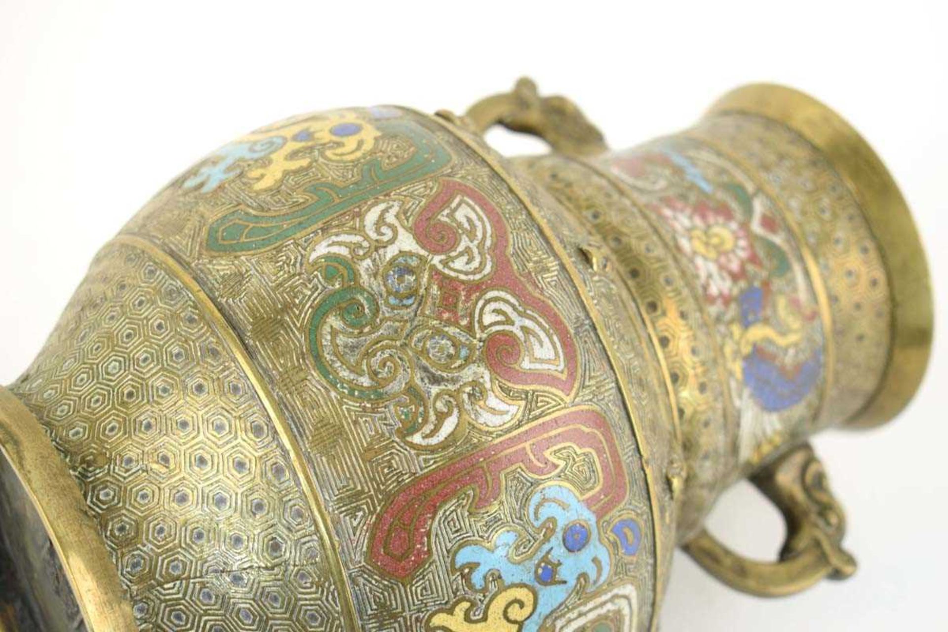 A 19th century Chinese champlevé enamelled vase, the pair of handles above a body decorated with - Image 9 of 18