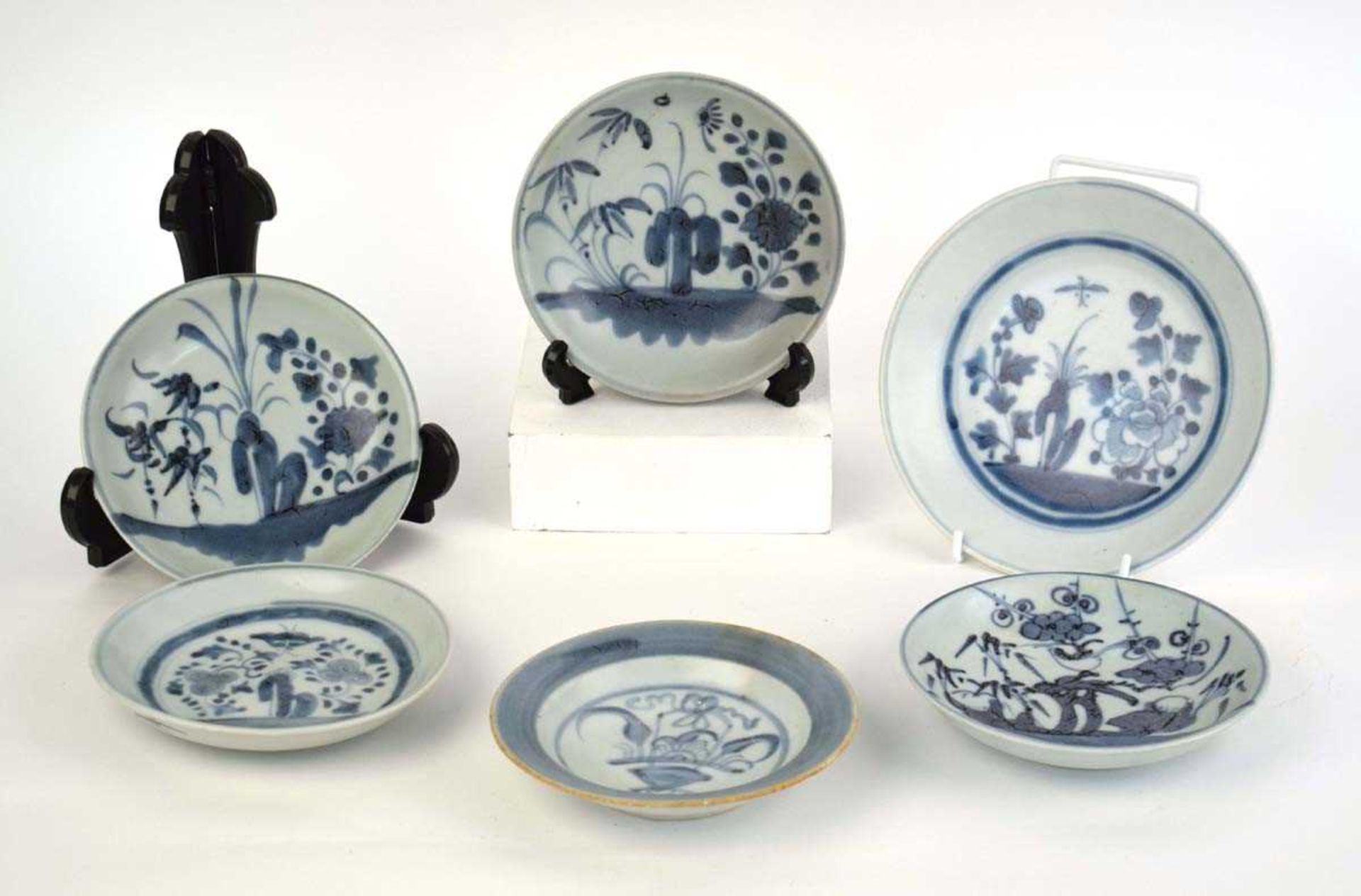 Six Chinese Tek Sing Treasures blue and white side dishes/plates, each decorated with insects within