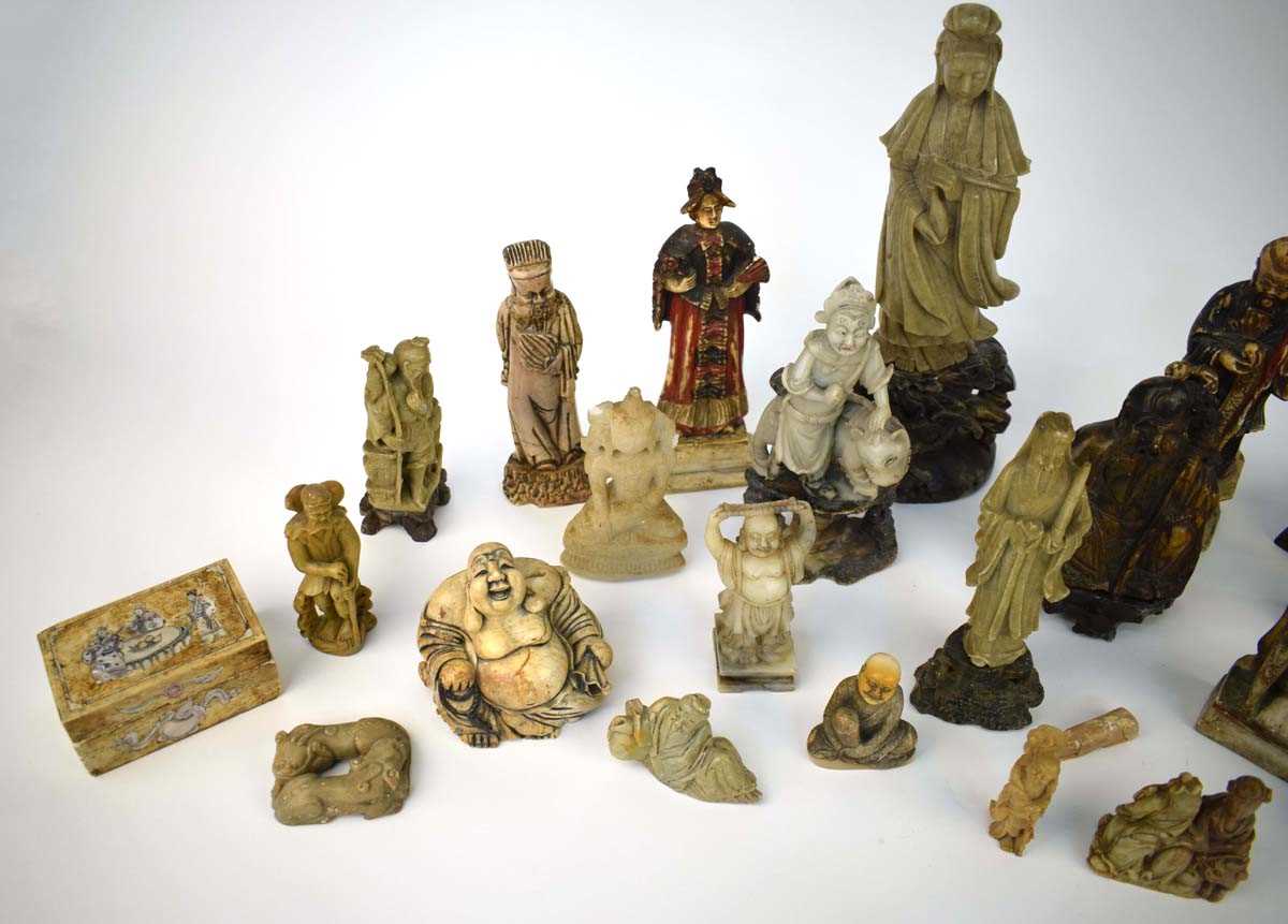 Twenty-five Chinese carved soapstone and other figures including an example of Guanyin, h. 35.5 - Image 2 of 30