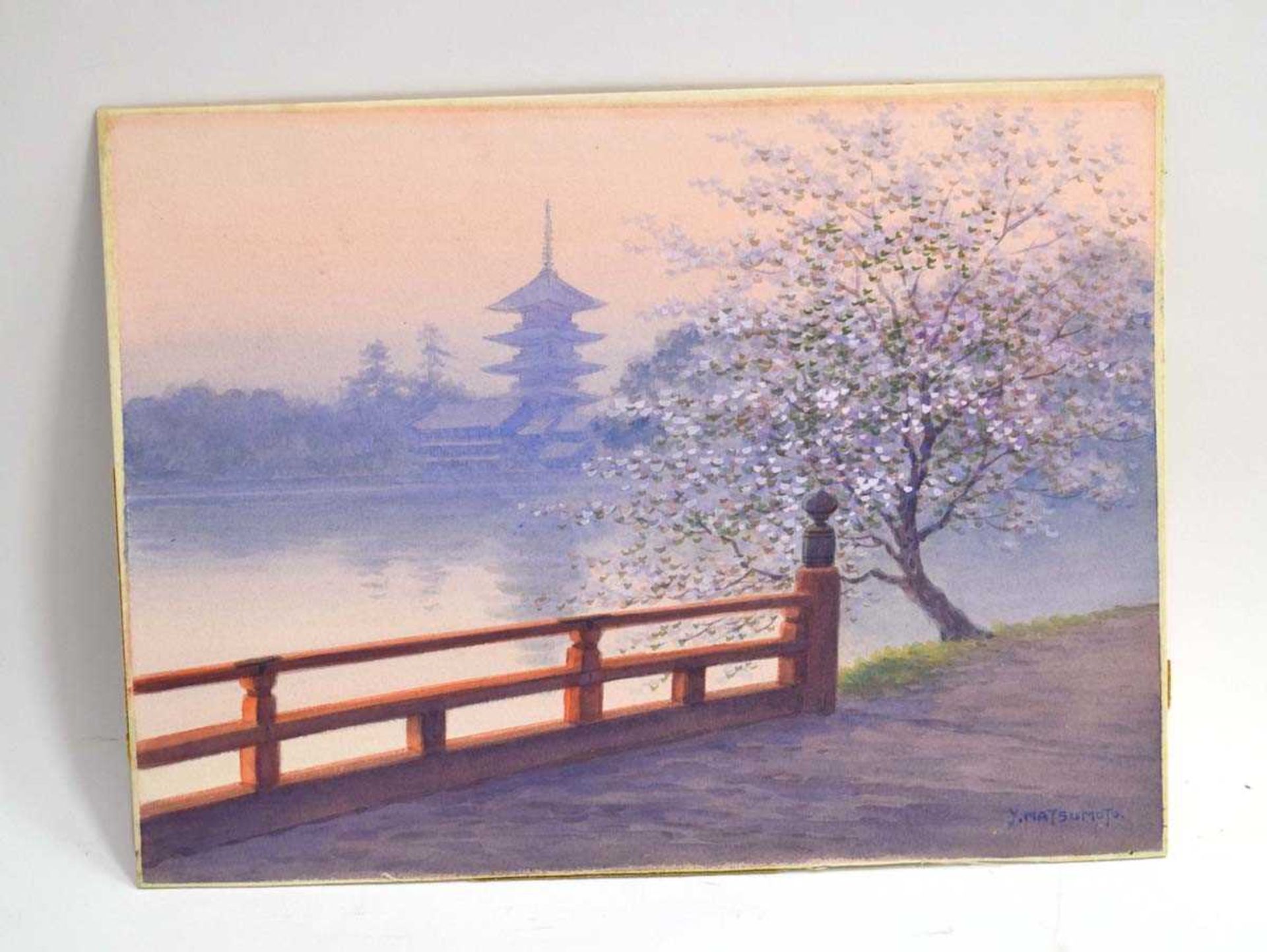 A Japanese watercolour depicting a pagoda view, signed Y Matsumoto, 25 x 33 cm, together with an - Image 6 of 9