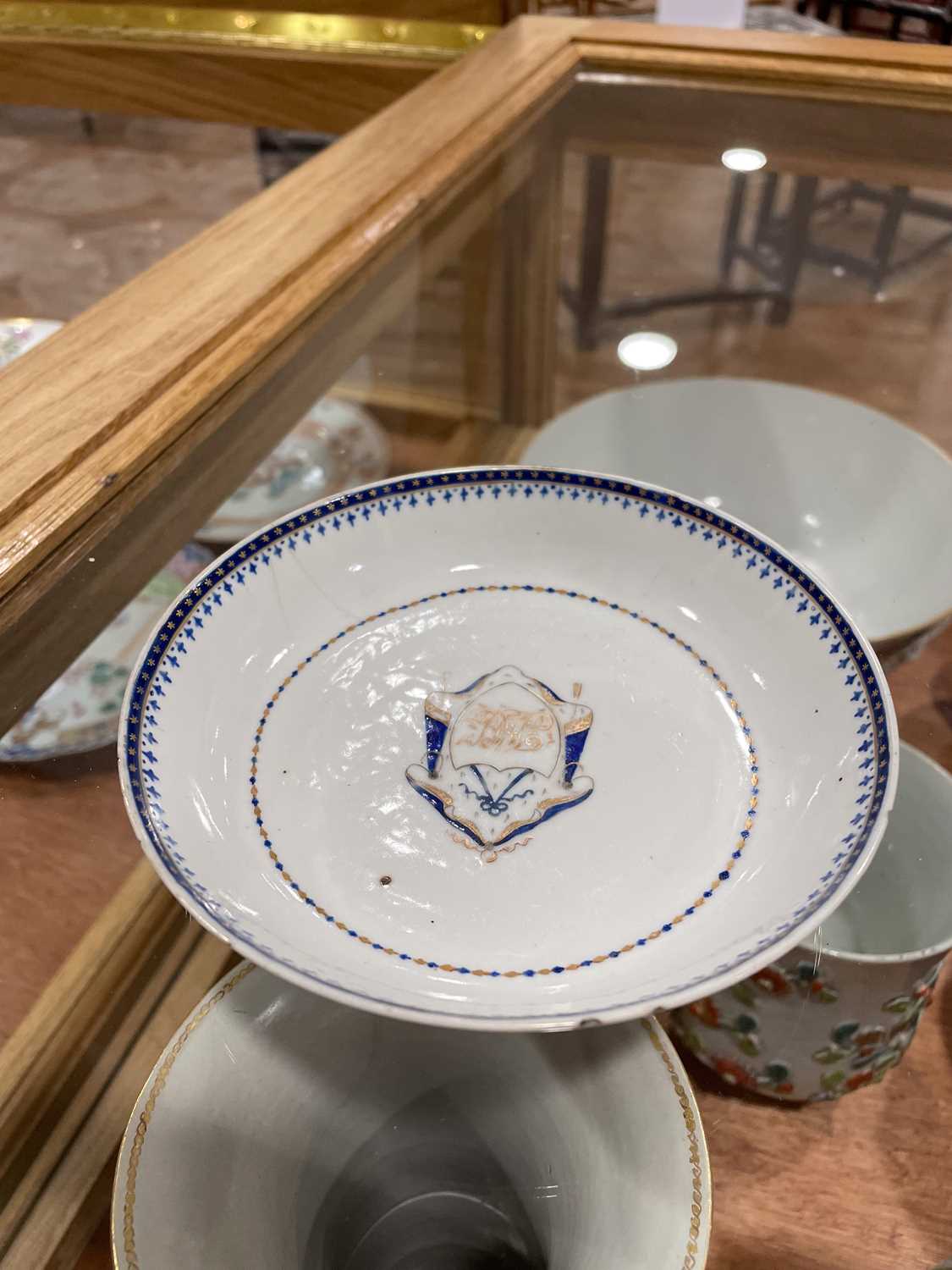 A Chinese Export armorial dish, decorated in coloured enamels with traditional figures and the (?) - Image 37 of 41