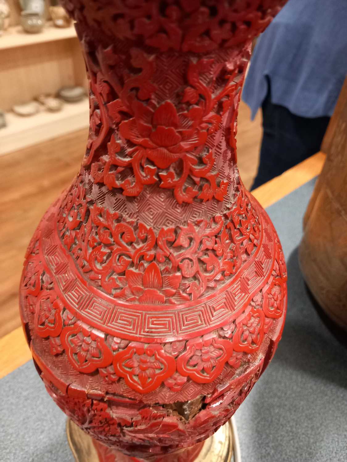 A Chinese cinnabar lacquer-type table lamp base, typically decorated with traditional landscapes and - Image 10 of 15