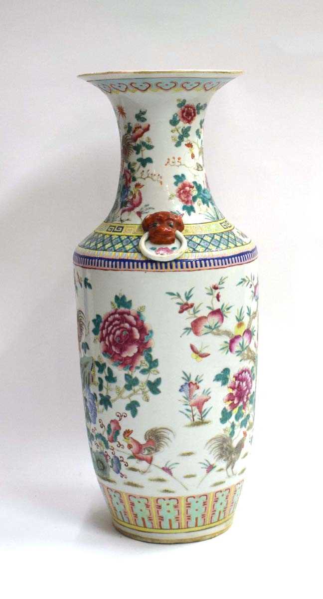A Cantonese vase of shouldered form decorated in coloured enamels with cockerels and hens within a - Image 2 of 23