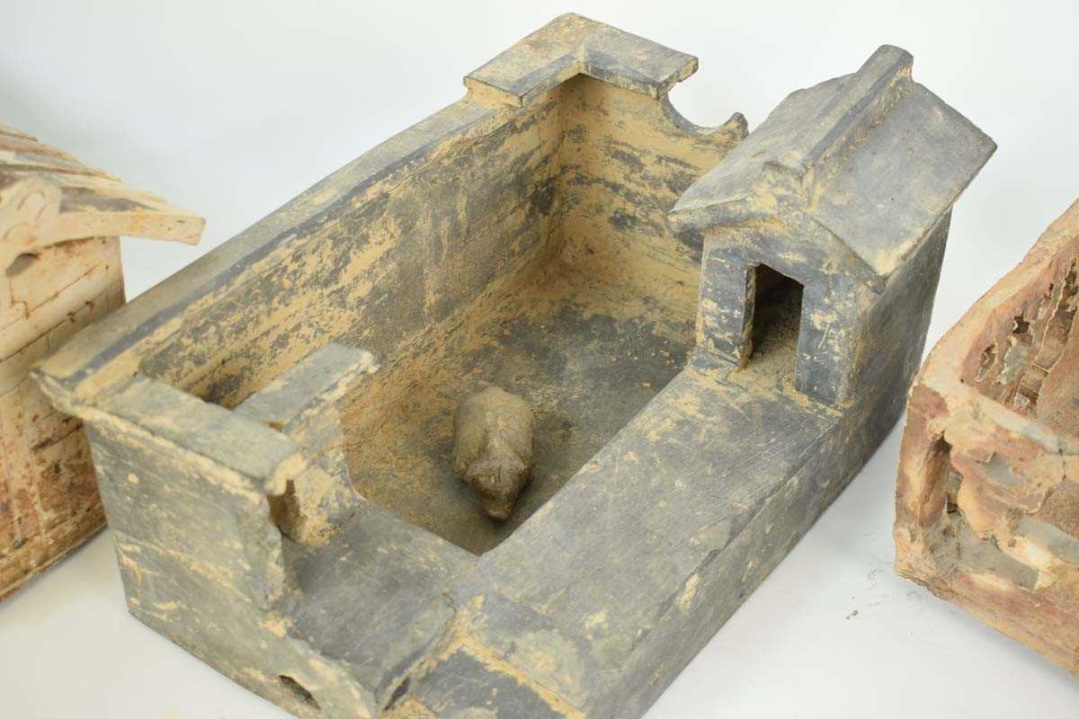 A Chinese pottery tomb figure modelled as a farmyard, possibly Tang, w. 37 cm, together with two - Image 3 of 20