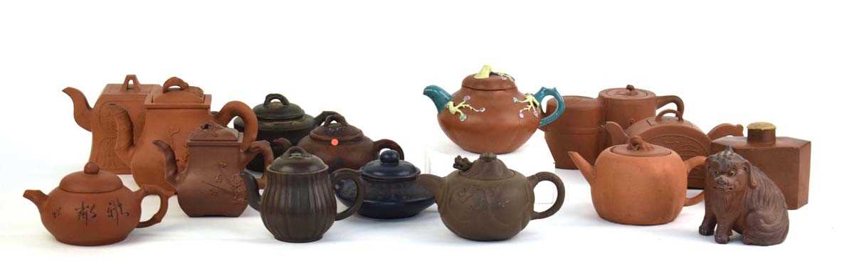 Thirteen Yixing teapots including a double chamber example, h. 10 cm, w. 21 cm, d. 8 cm, various - Image 2 of 18