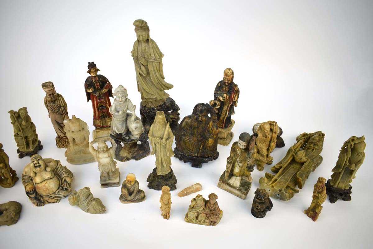 Twenty-five Chinese carved soapstone and other figures including an example of Guanyin, h. 35.5 - Image 4 of 30